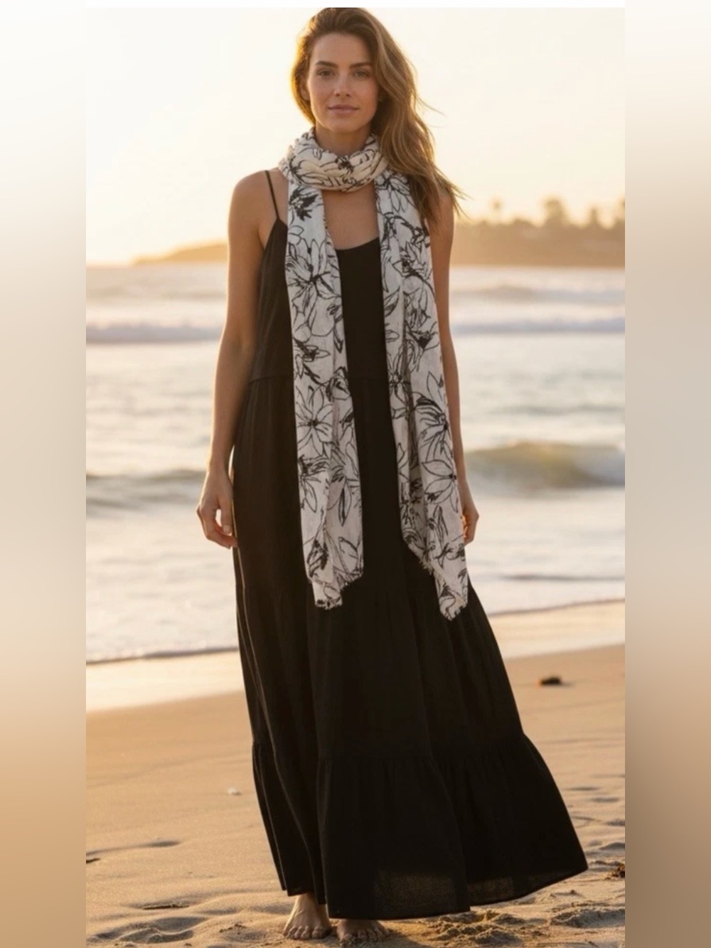 JOIE TIered Maxi Dress with Lightweight Black & White Floral Scarf - 2 Piece